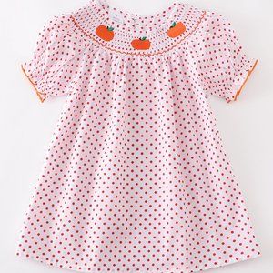Toddler Girls Pumpkin Embroidered Smocked Dress Size 12-18 months polka dot